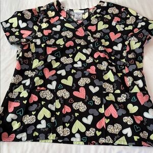 Scrubstar Heart Print Scrub Top - Black and Multicolor